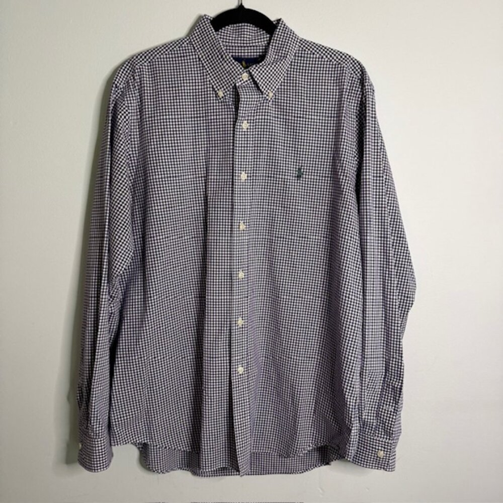 Ralph Lauren Men's Purple and White Gingham Long Sleeve Button Down Shirt Large